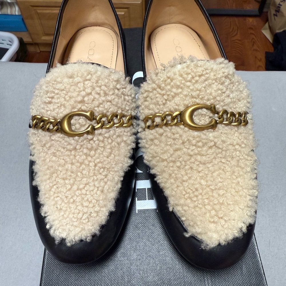 Coach Shearling Black Loafers with Gold Accent
